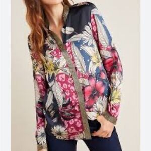 Anthropologie Varun Bahl Carmen Shimmer Blouse Floral Metallic Trim Top Sz XS